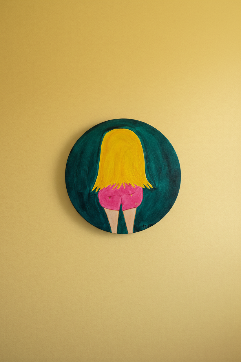 Circular artwork of a person with yellow hair and pink shorts on a beige background