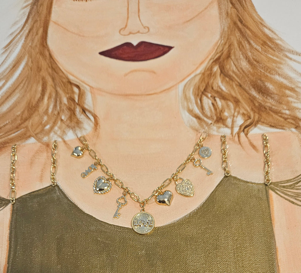 Illustration of a woman wearing a gold necklace with various charms.