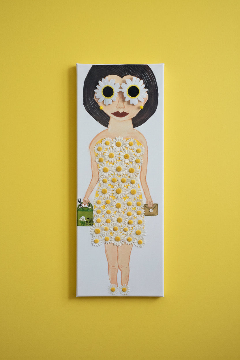 Illustration of a woman wearing a dress made of flowers with a blurred outdoor background