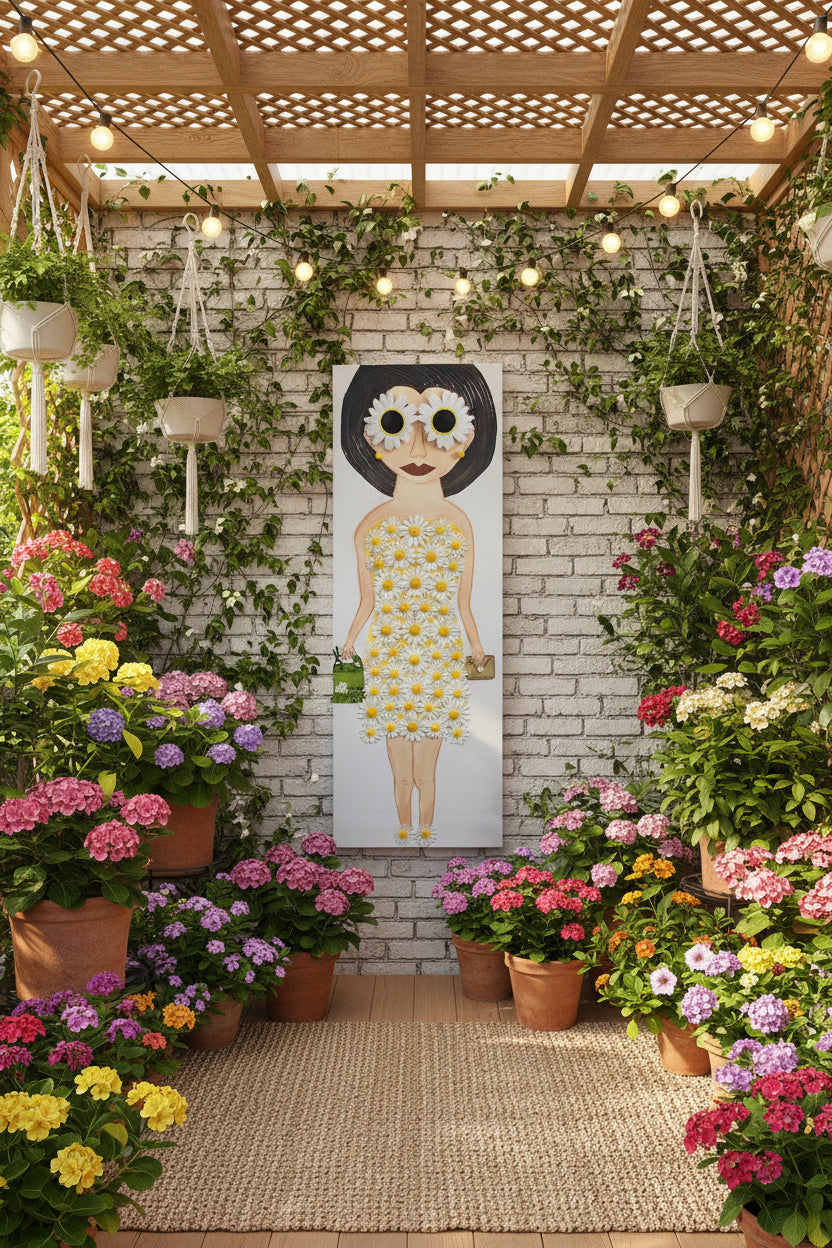 Illustration of a woman wearing a dress made of flowers with a blurred outdoor background