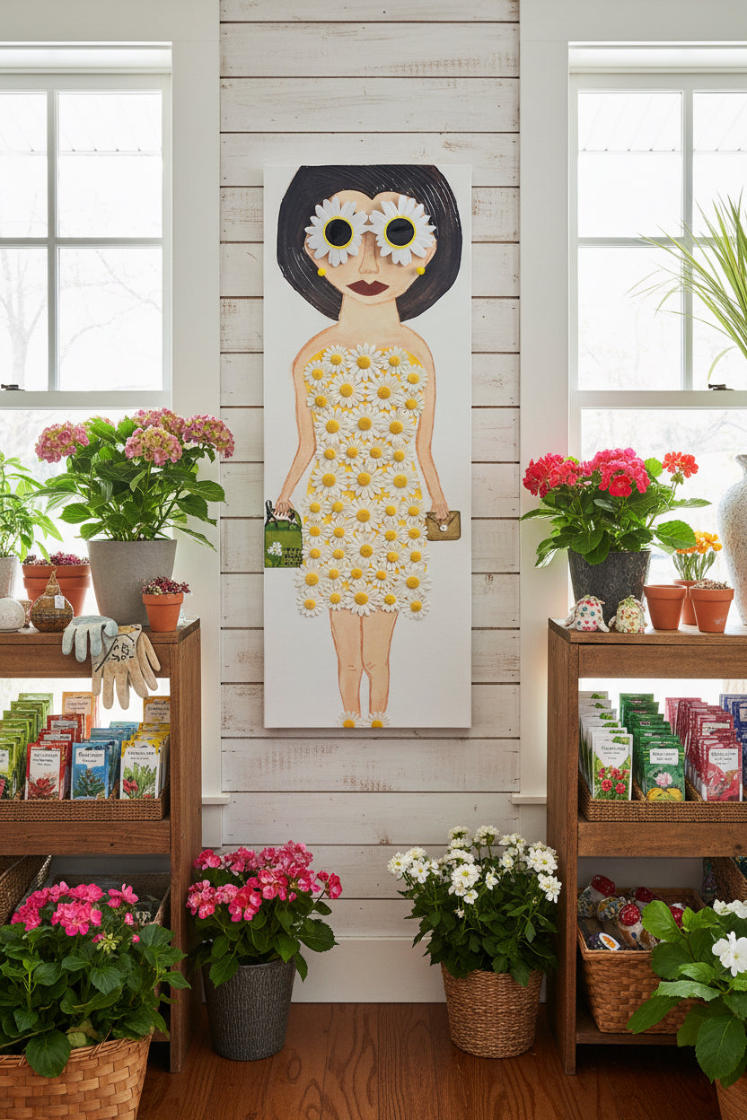 Illustration of a woman wearing a dress made of flowers with a blurred outdoor background