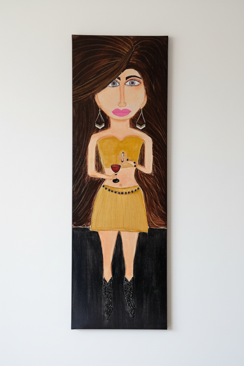 Painting of a woman in a yellow dress holding a glass of red wine on a white wall.