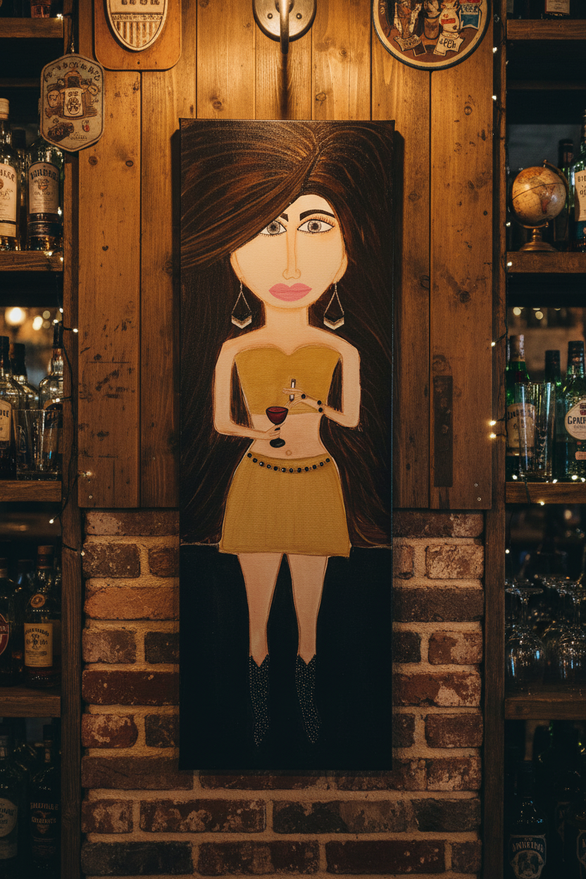 Painting of a woman with long brown hair wearing a yellow dress on a white background