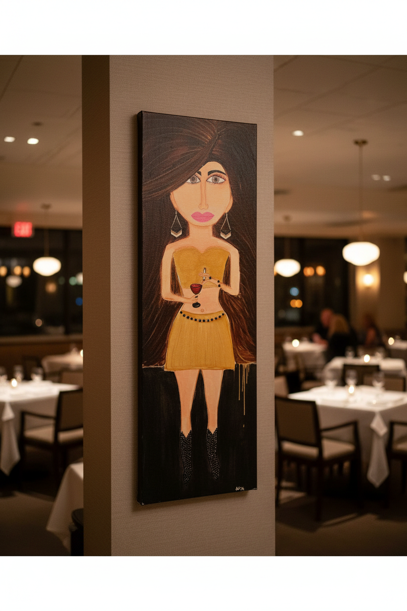 Painting of a woman in a yellow dress in a restaurant setting
