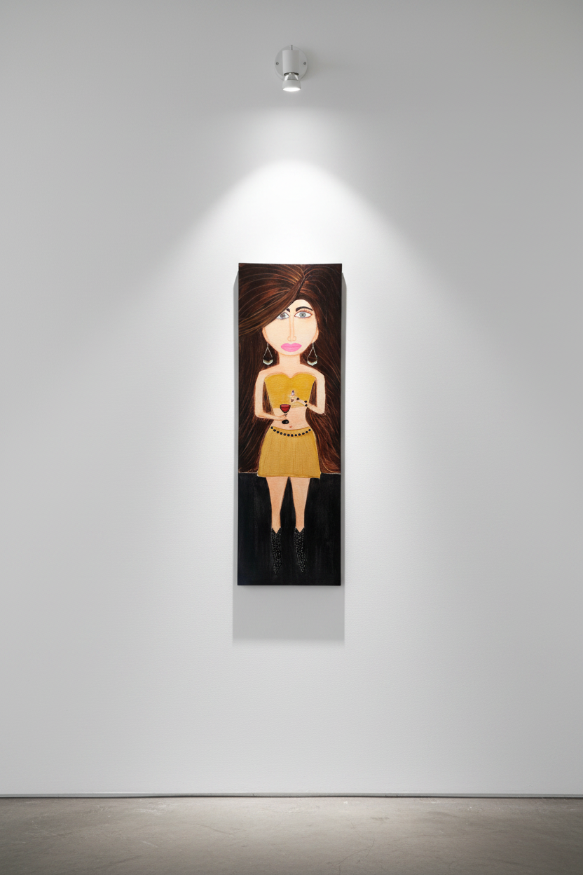 Cartoon-style portrait of a woman in a yellow dress on a white wall with spotlighting