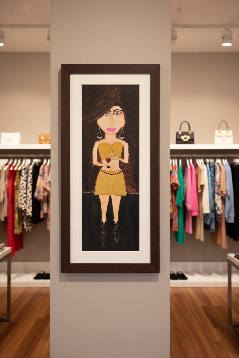 Framed artwork of a woman in a store setting with clothing racks and bags in the background
