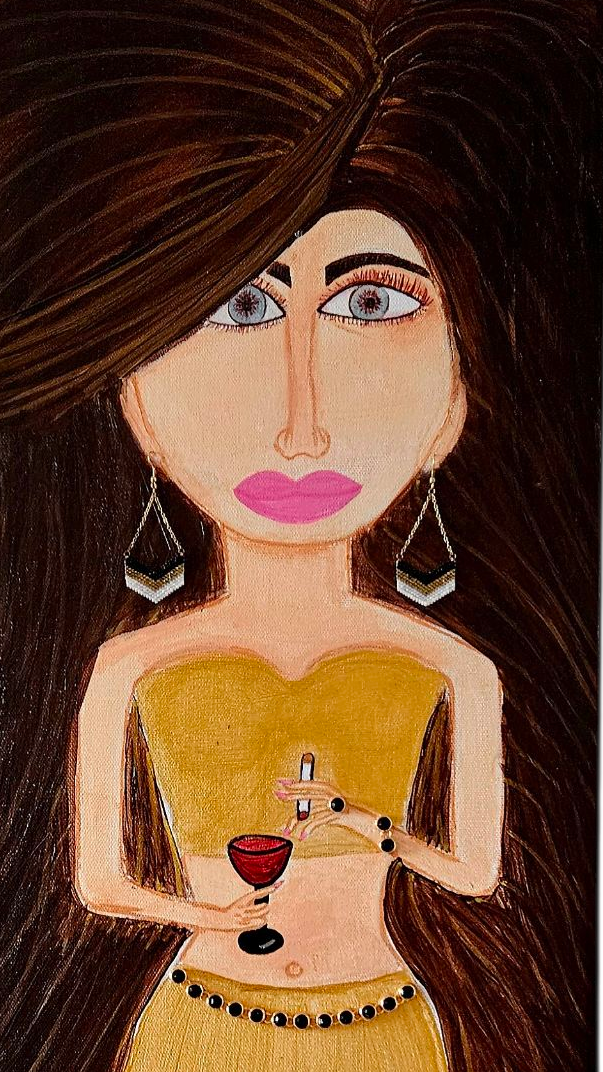 Illustration of a woman with a glass of red wine
