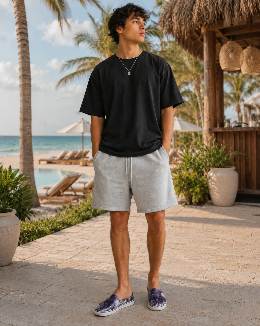 young man wearing colorful sneakers at a beach resort