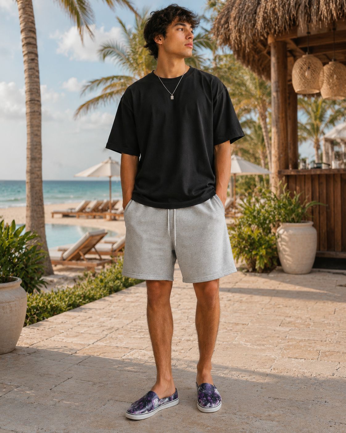 young man wearing colorful sneakers at a beach resort