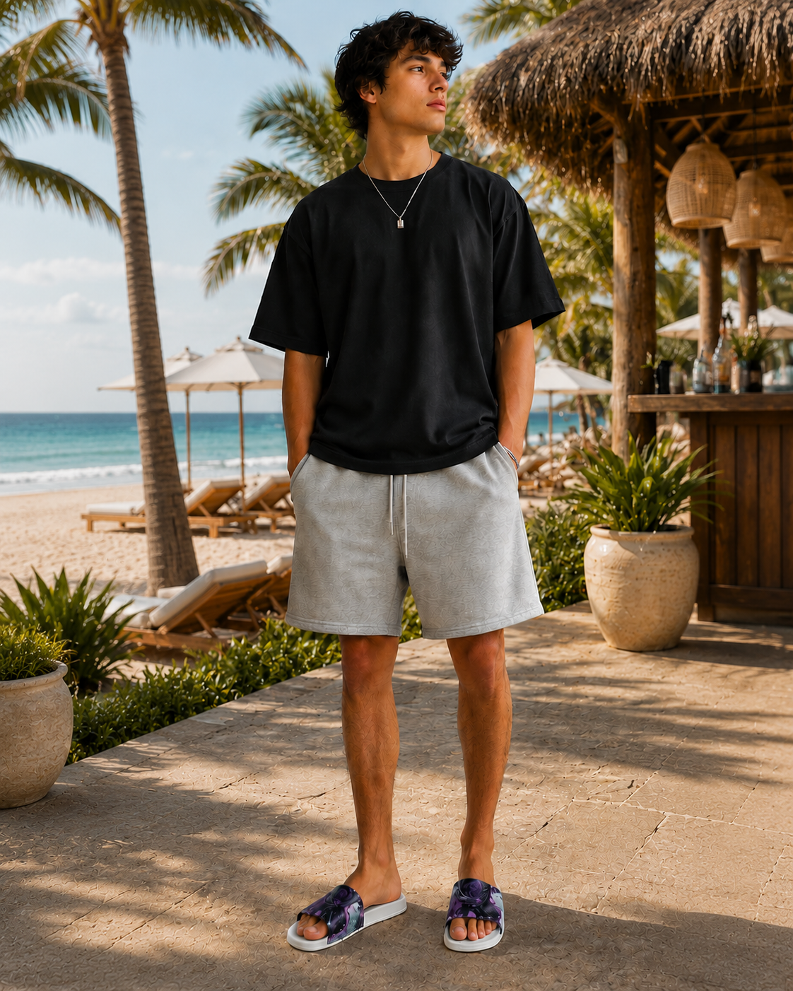 young man in black sht with colorful slides at the beach
