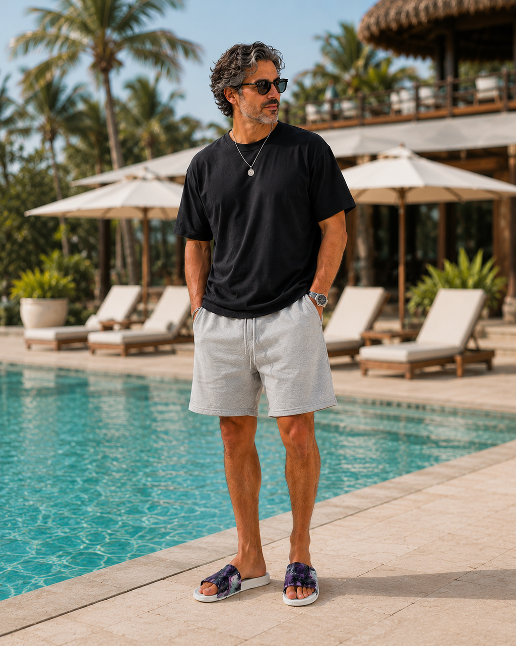 man in colorful slides standing poolside
