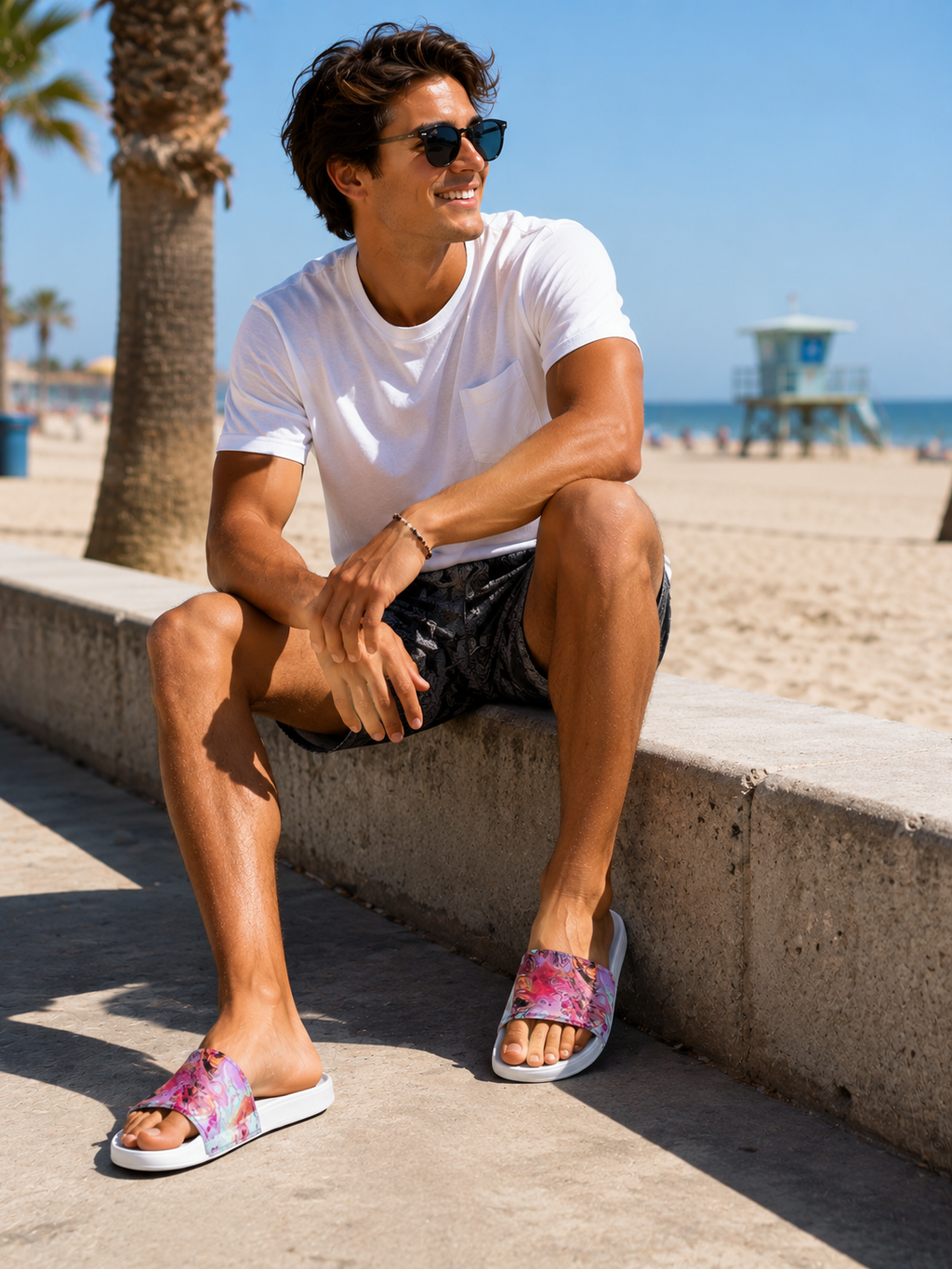 Man sitting on a concrete ledge by the beach wearing sunglasses and colorful sandals