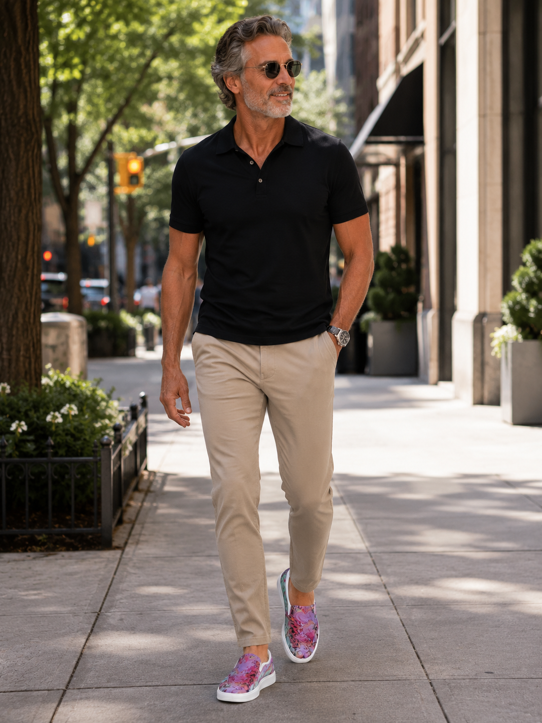 older man wearing these sneakers while walking on a sidewalk in the city