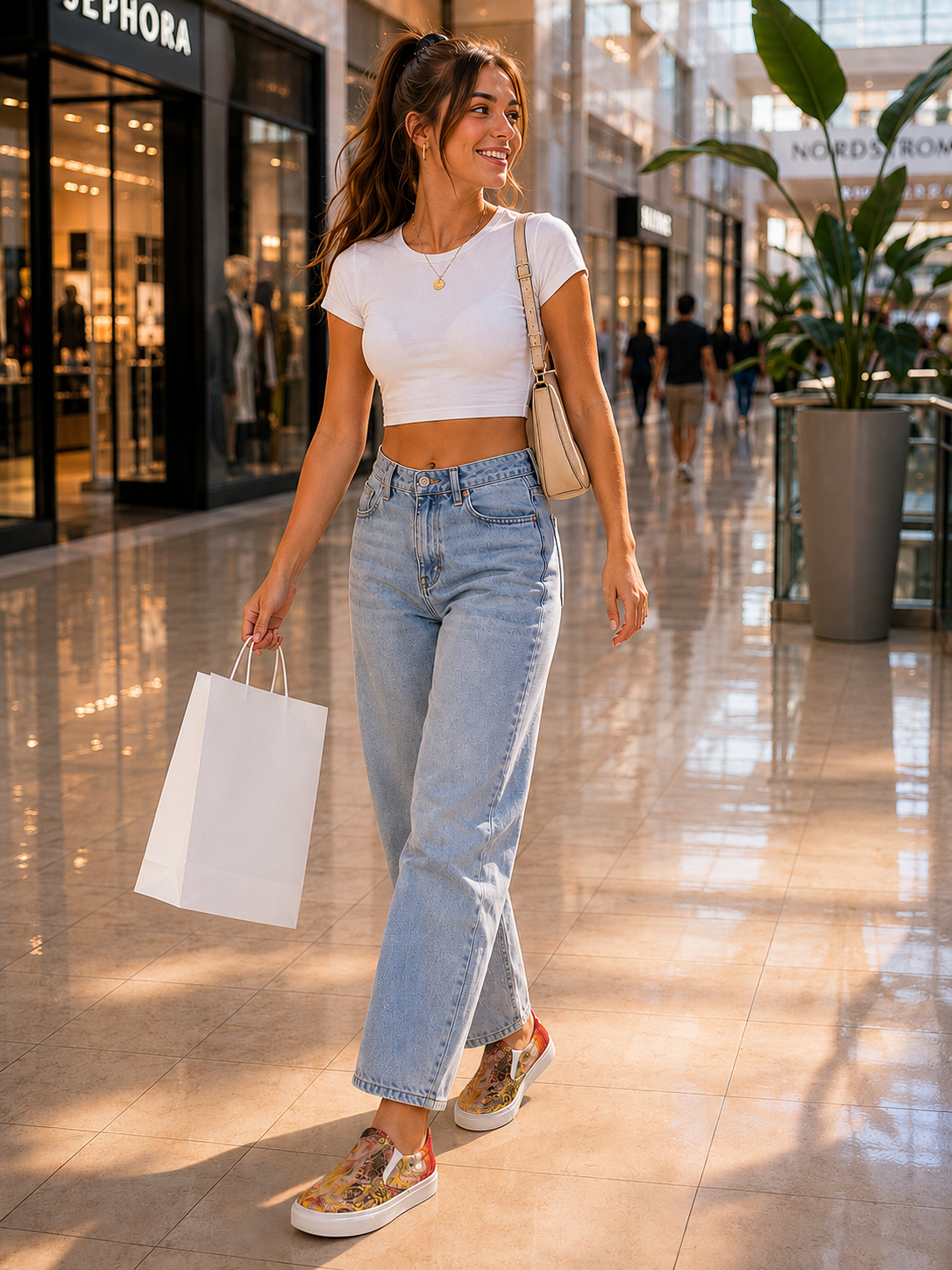 Woman walking in a mall holding a shopping bag, wearing a white crop top and blue jeans.