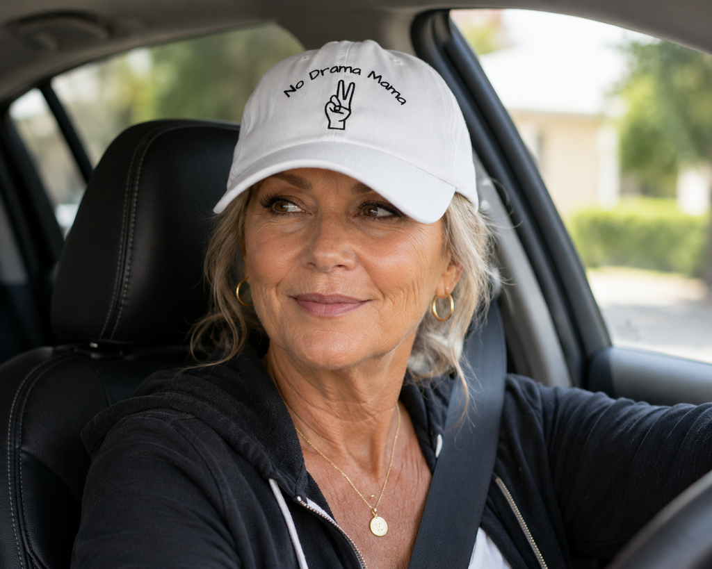 Woman wearing a 'No Drama Mama' cap sitting in a car.