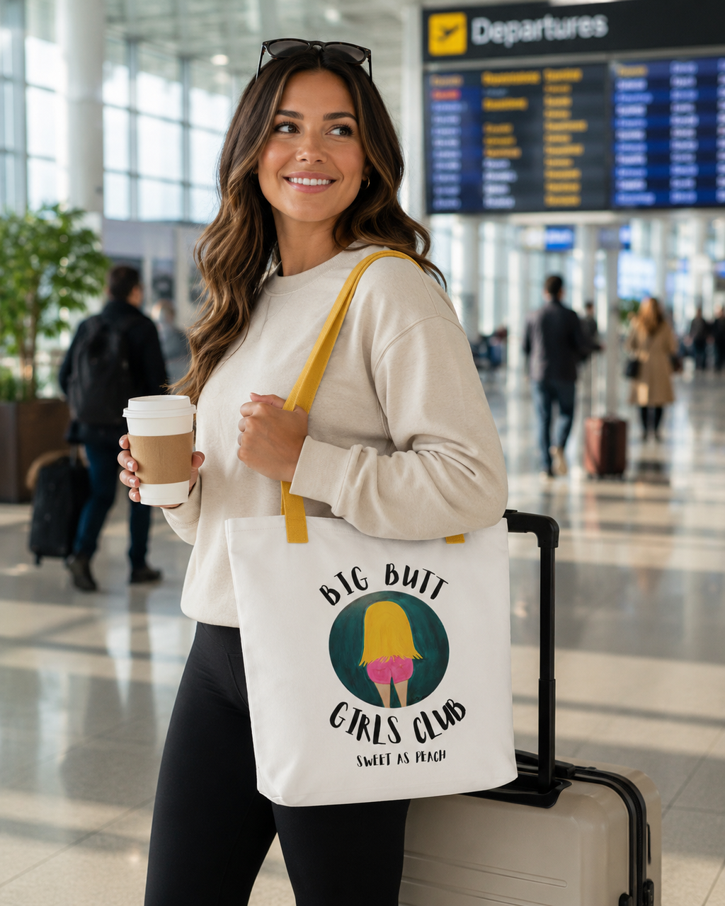 Woman in an airport holding a tote bag with 'Big Butt Girls Club' design.