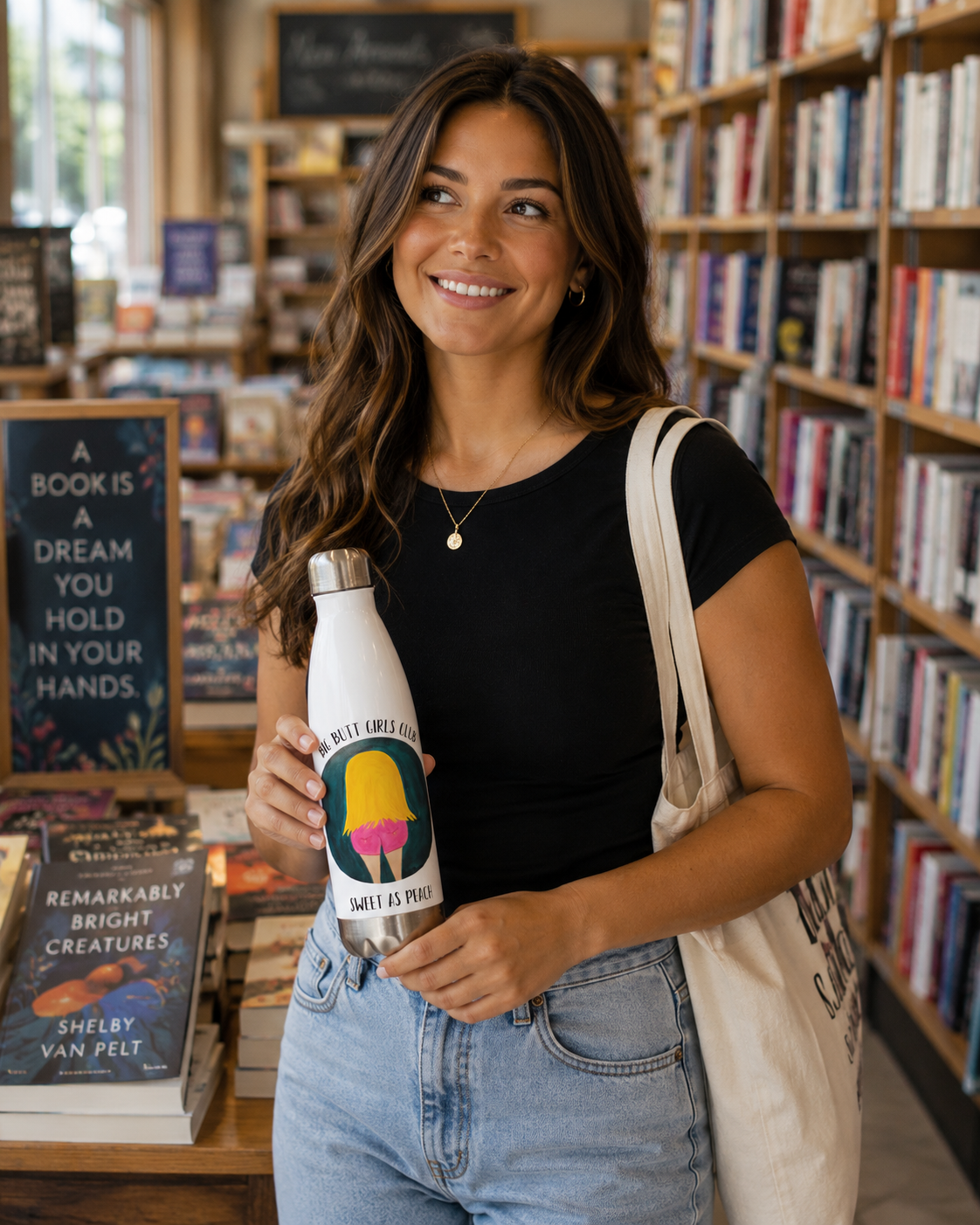 Woman holding a branded water bottle in a bookstore