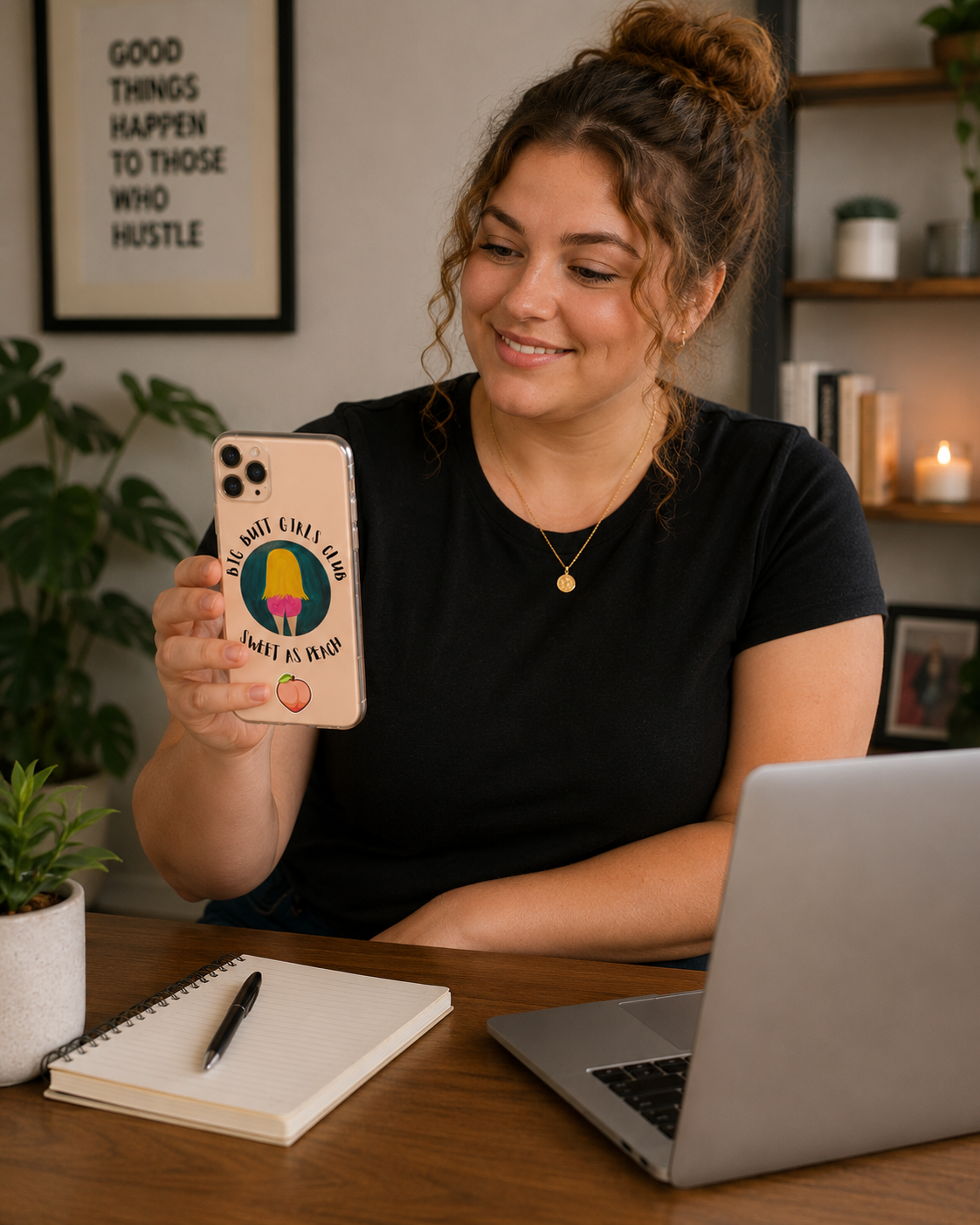 Woman holding a phone with a colorful case, sitting at a desk with a laptop and notebook.