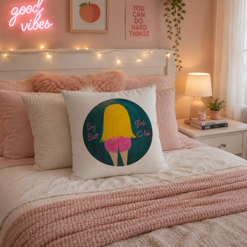 Decorative pillow with a graphic design on a bed in a bedroom setting.