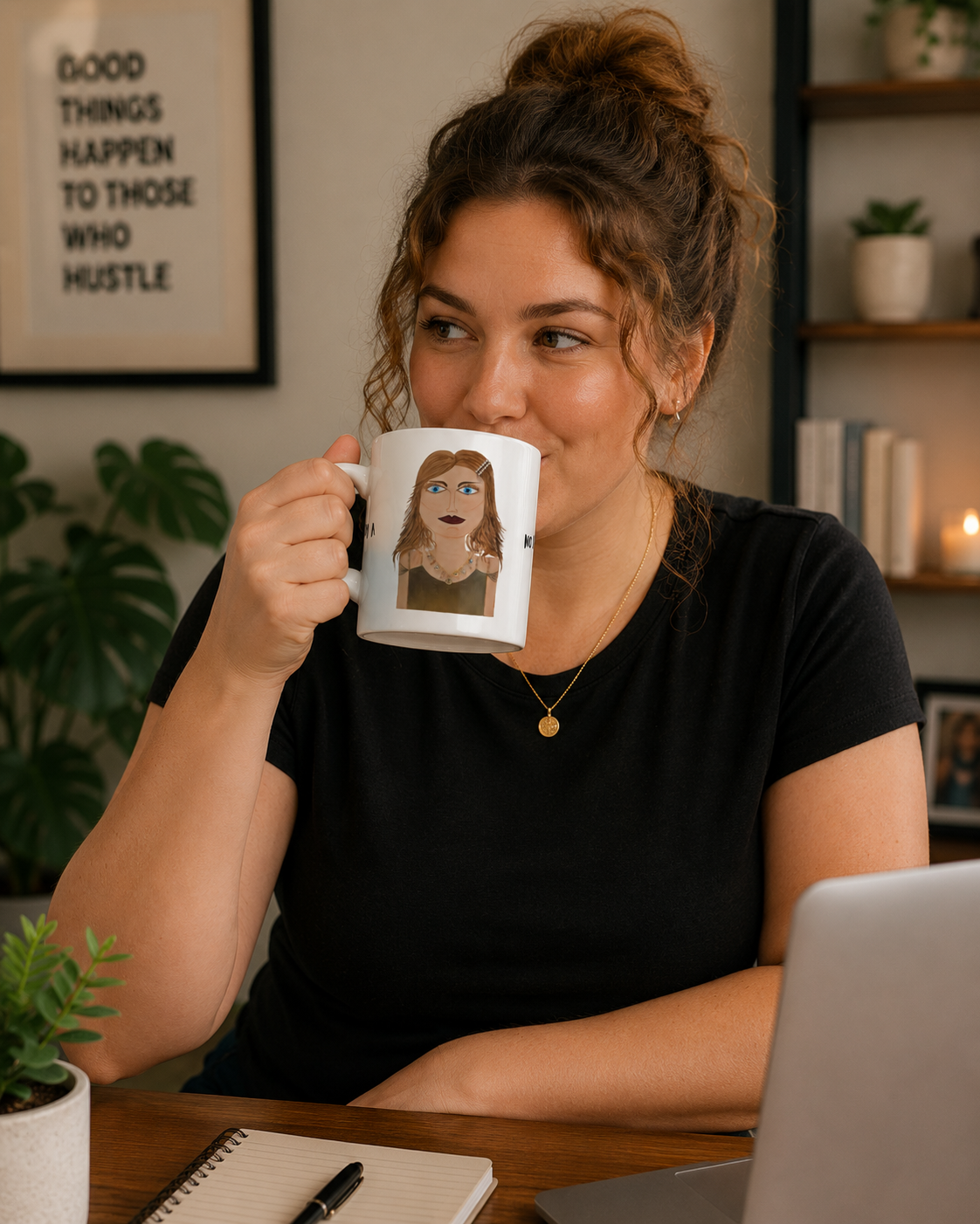 Woman holding a mug with a personalized design in a home office setting