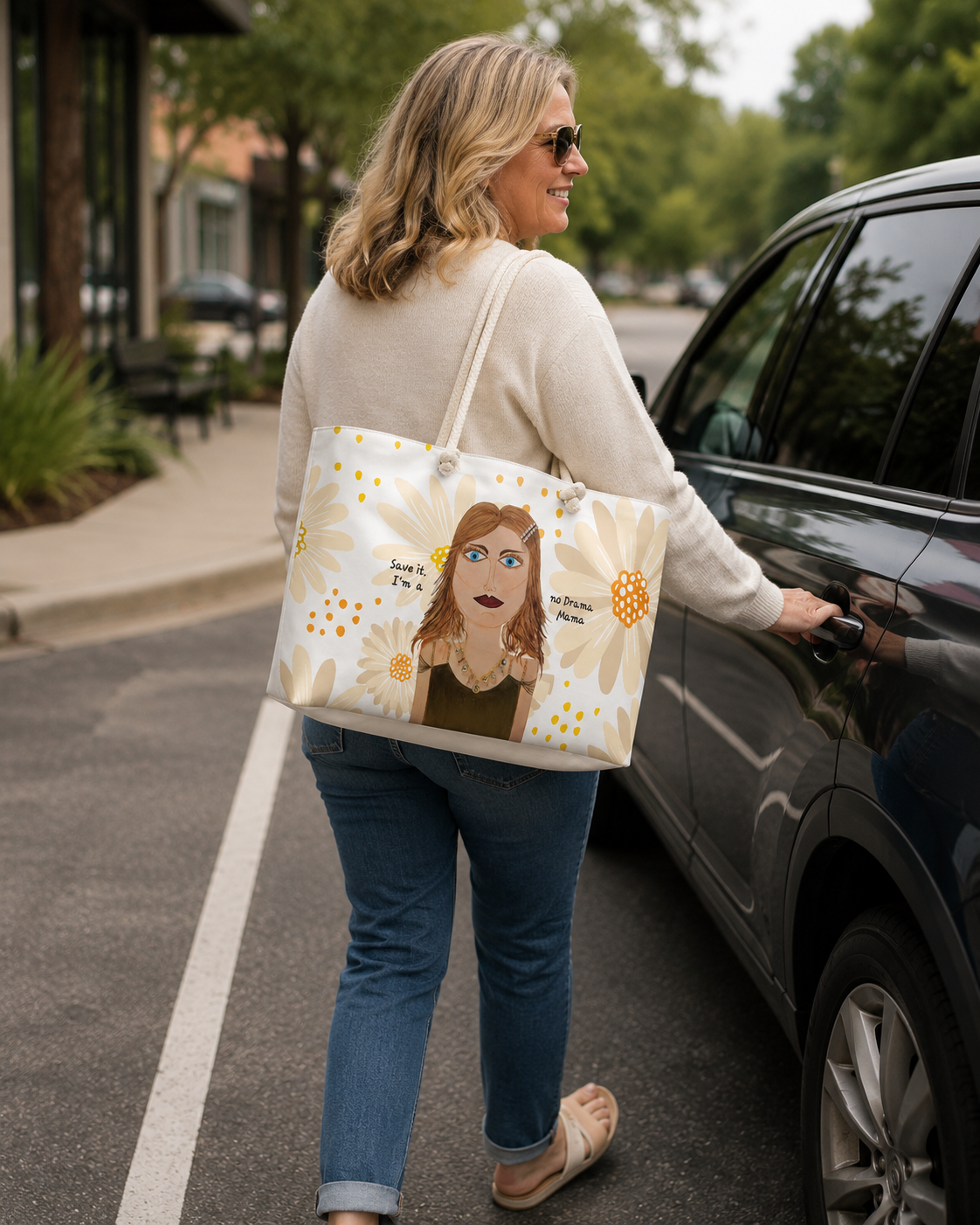 Woman with a tote bag featuring a portrait of a woman with flowers, opening a car door.