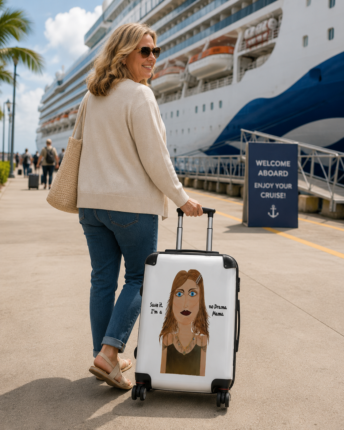 Woman pulling a suitcase with a personalized design in front of a cruise ship.