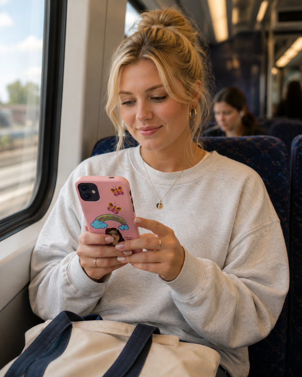 Woman using a pink phone on a train