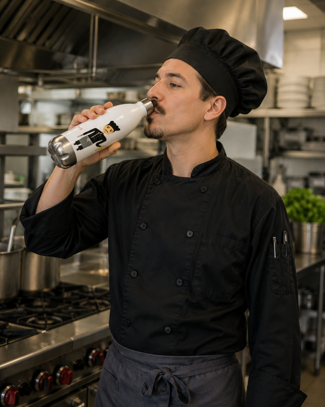 Chef in a professional kitchen drinking from a bottle.