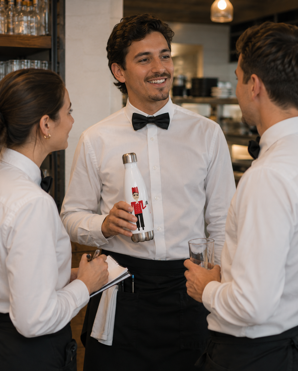 Waiter holding a branded water bottle interacting with two other staff members in a restaurant setting.