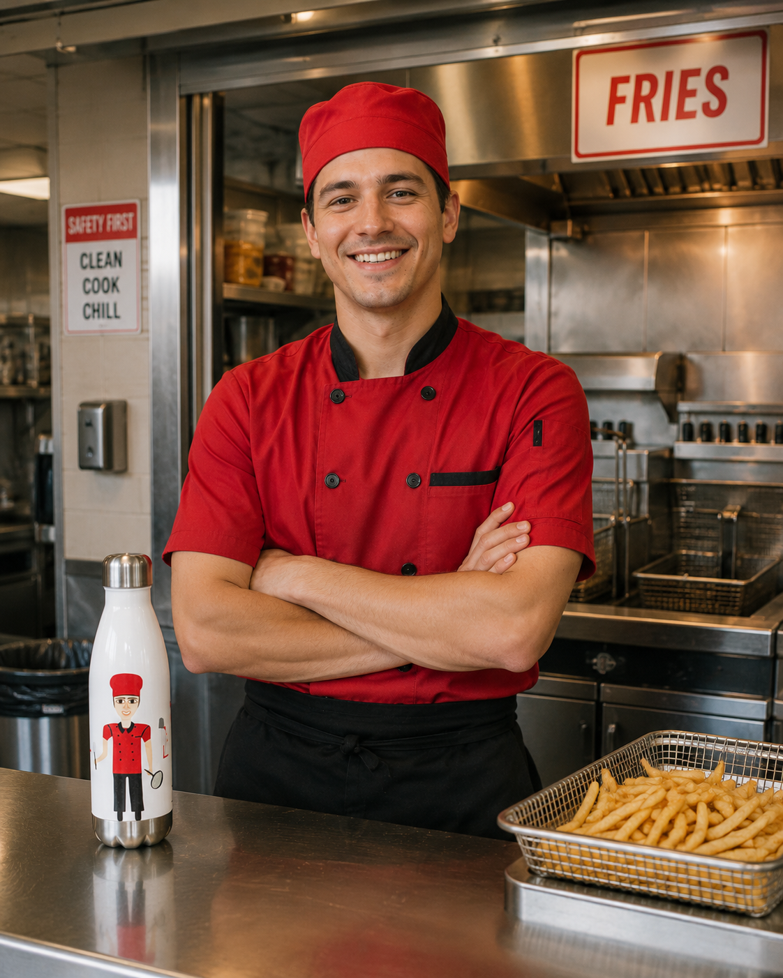 Chef in a red uniform standing in a kitchen with a tray of fries and a water bottle.