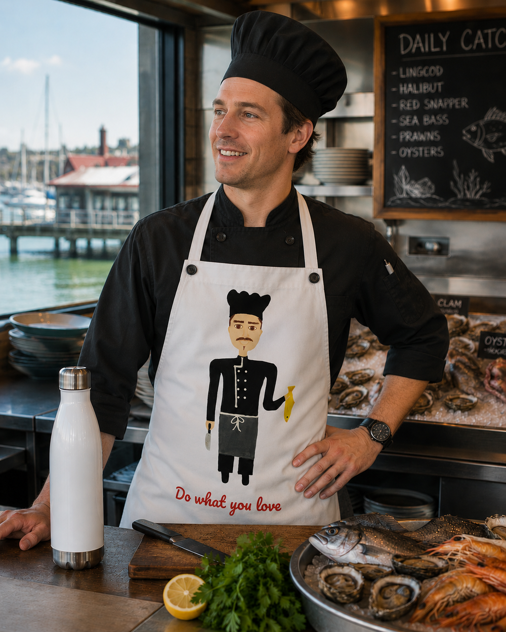 Chef wearing a branded apron with a design and text, standing in a kitchen with seafood and a view of water.