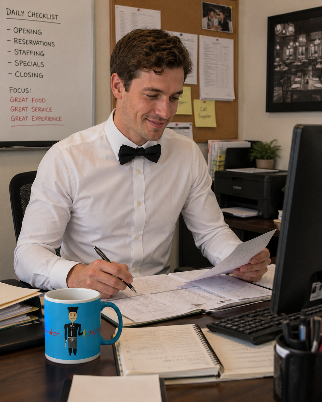 Man in a white shirt and bow tie sitting at a desk with a computer, mug, and papers.