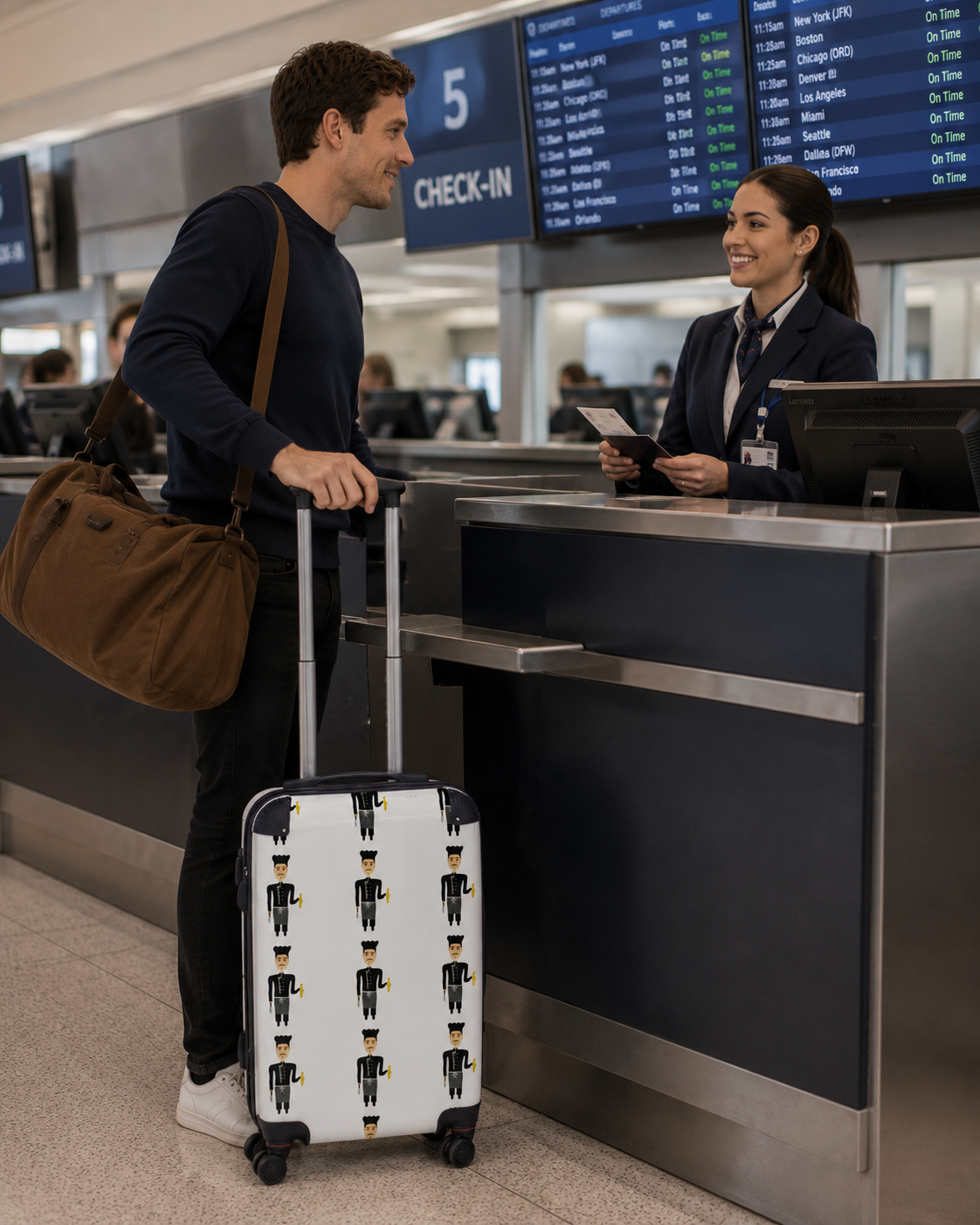 Man with luggage at an airport check-in counter