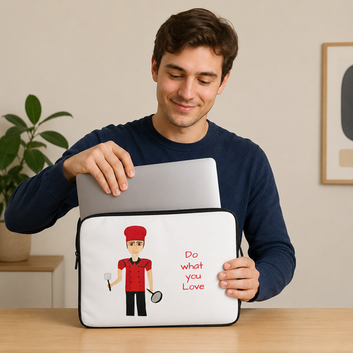 Man holding a laptop with a personalized case featuring an illustration and text.