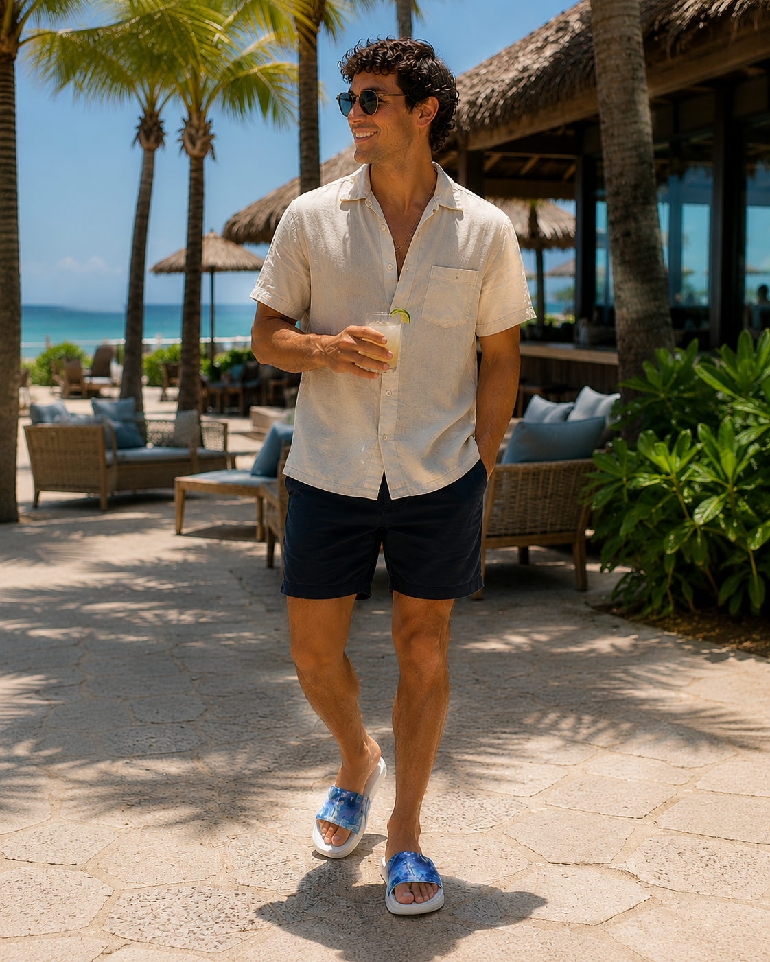 


Man walking outdoors in a tropical setting with palm trees and a beach in the background.