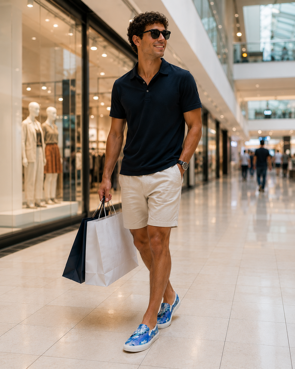 Man in a mall wearing sunglasses, black polo shirt, white shorts, and blue sneakers, holding shopping bags.