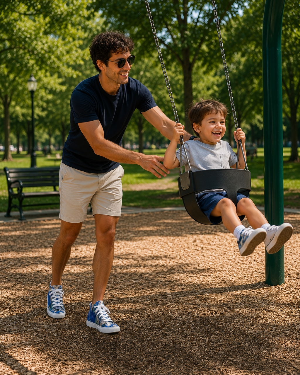 Man pushing a child on a swing in a park