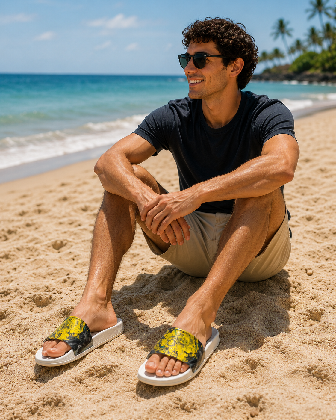 man sitting on the beqach wearing yellow abstract slides