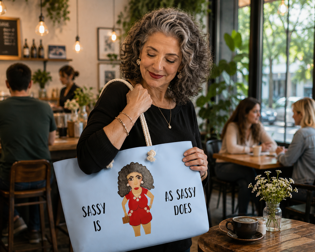 Woman holding a tote bag with a cartoon character and text in a cafe setting