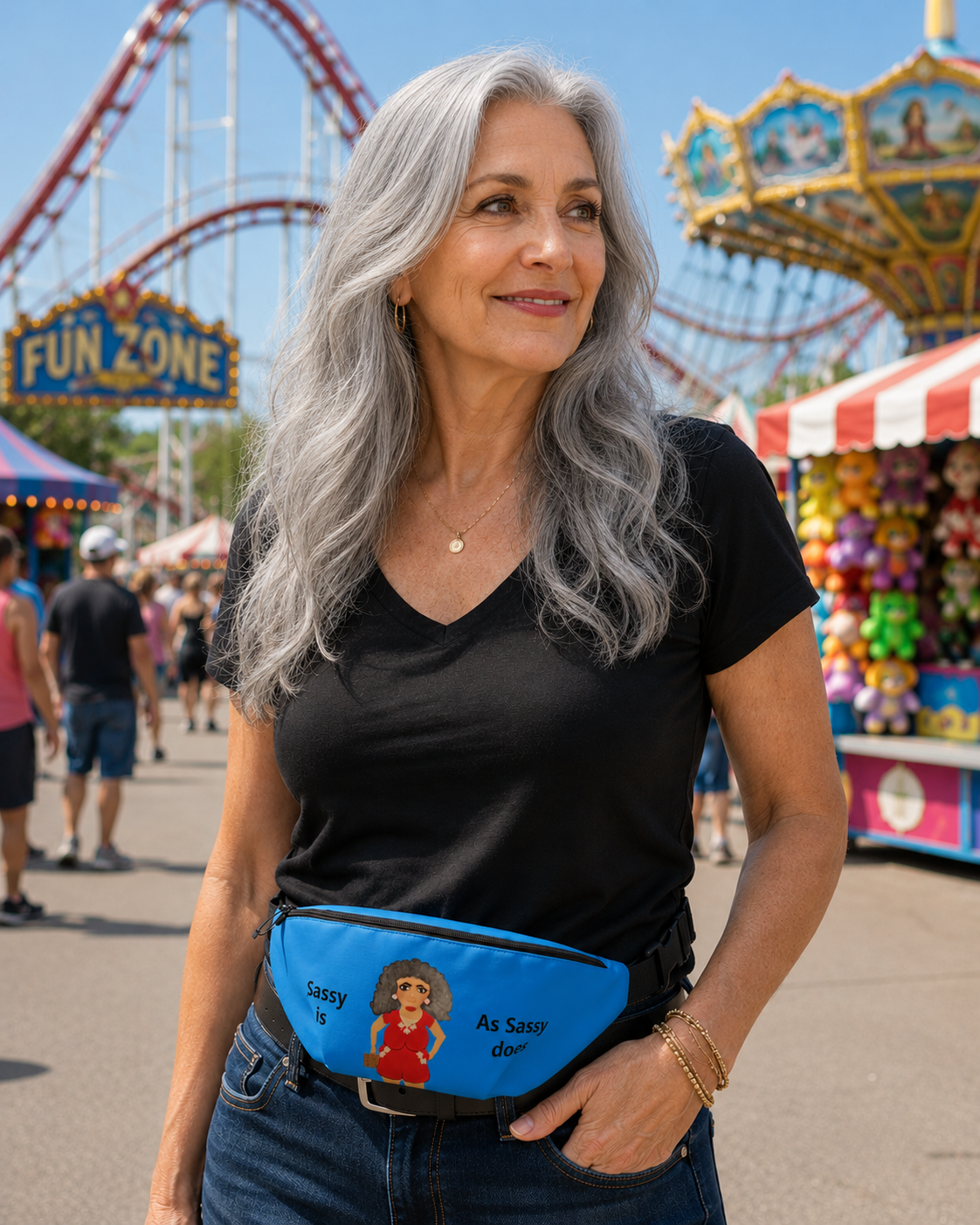 Woman with gray hair wearing a black t-shirt and blue fanny pack with cartoon character, standing in front of amusement park rides.