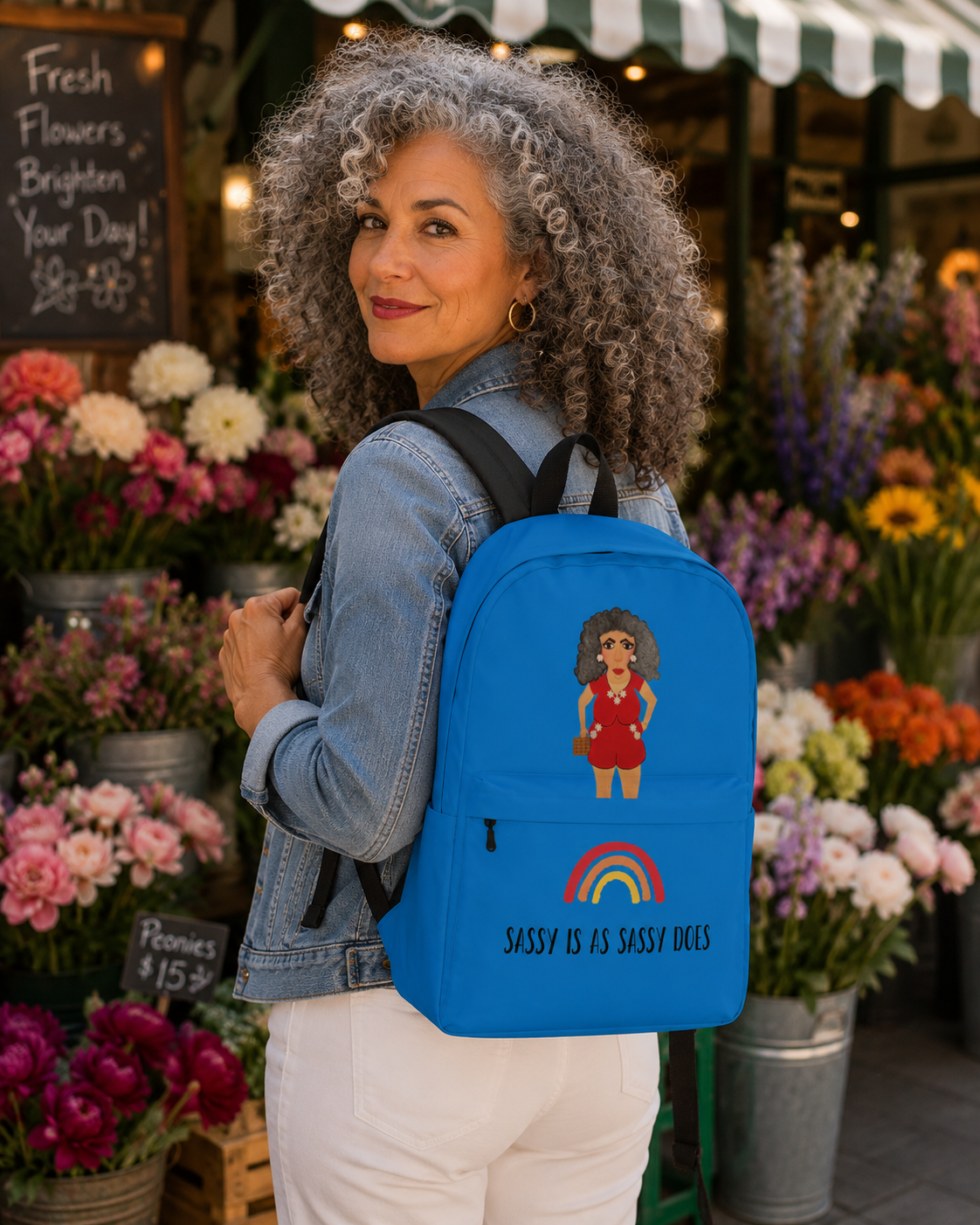 Woman with a blue backpack featuring a cartoon character and text, standing in front of a flower shop.