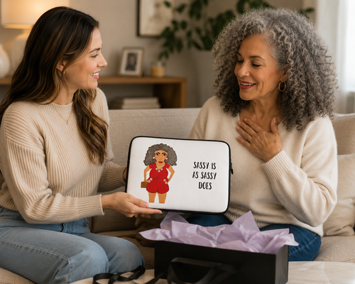 Two women sitting on a couch with one holding a tablet displaying an illustration and text.