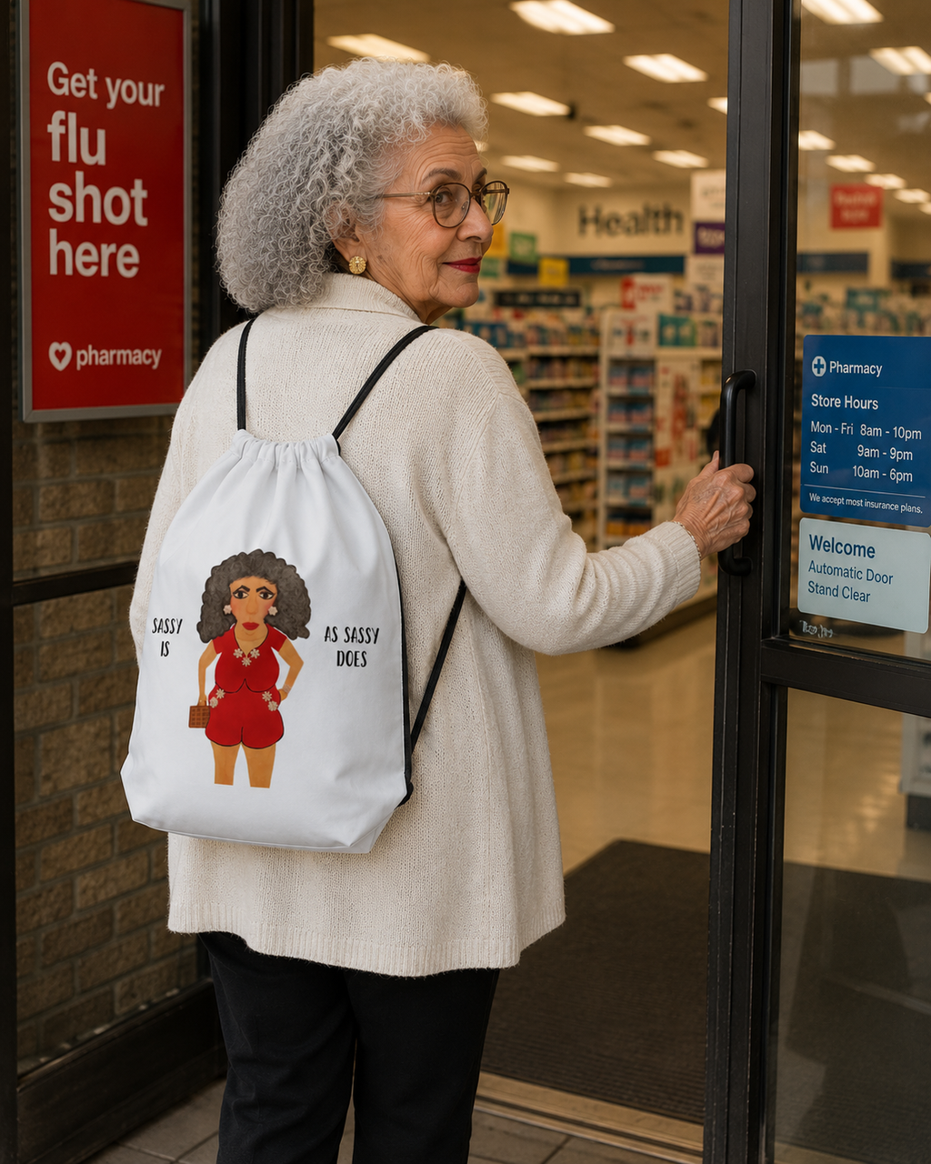 Woman entering a pharmacy with a white backpack featuring an illustration of a woman in a red dress.