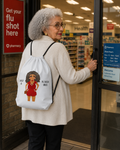 Woman entering a pharmacy with a white backpack featuring an illustration of a woman in a red dress.