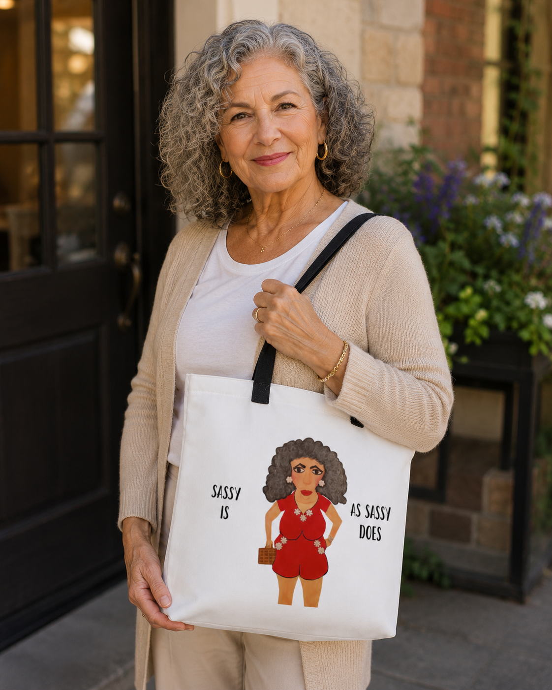 Woman holding a tote bag with a graphic design and text.