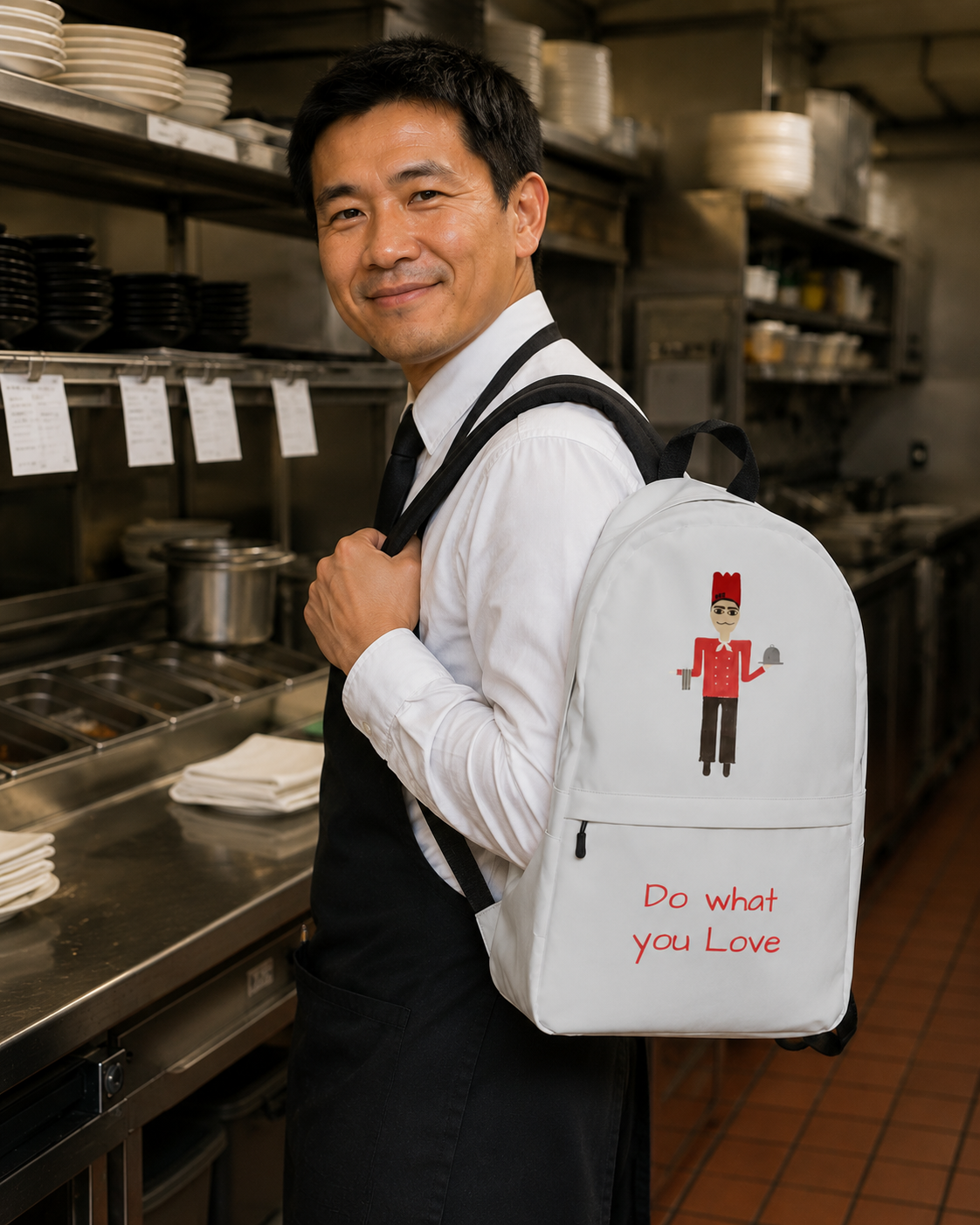 Man in a kitchen wearing a backpack with a design and text
