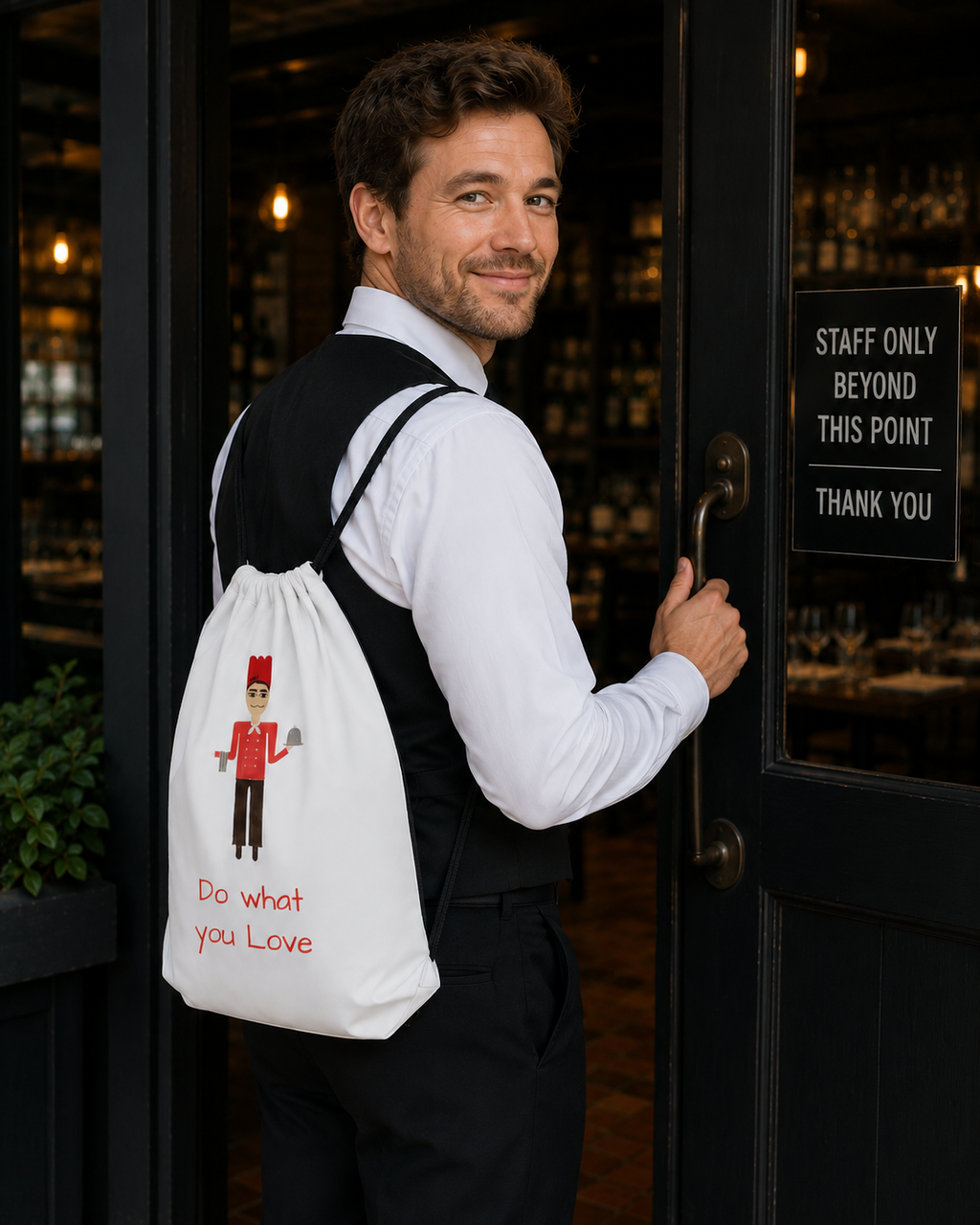 Man holding a door with a drawstring bag featuring a design and text.