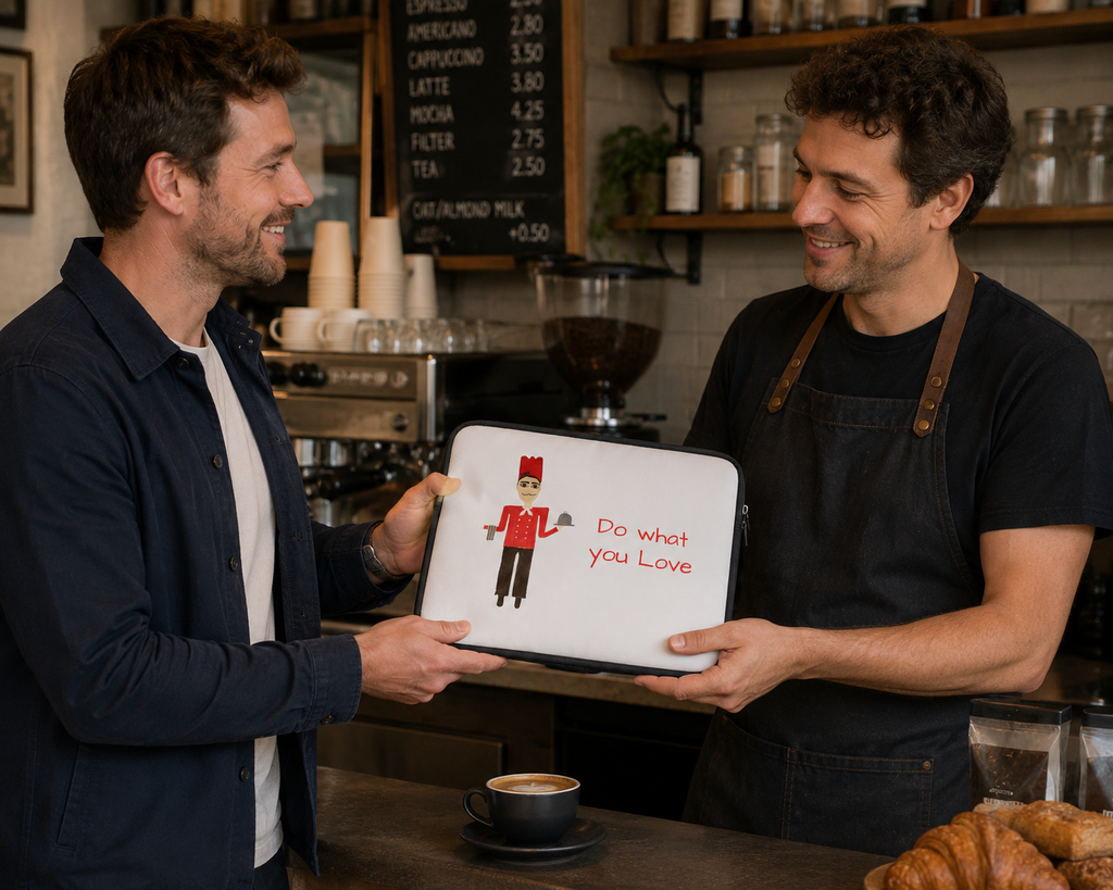 Two men in a coffee shop with one holding a laptop
