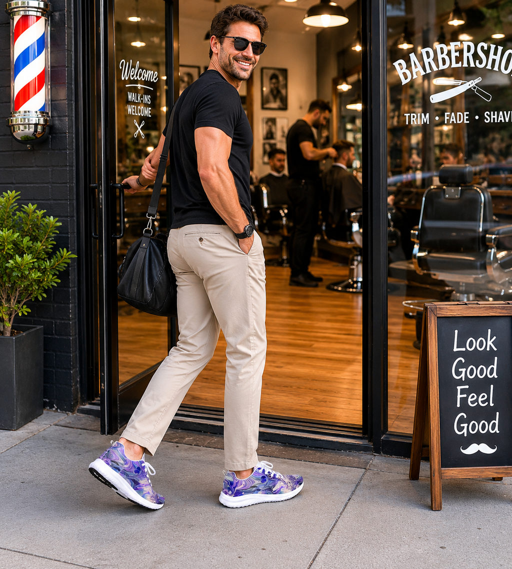 Man walking out of a barbershop with a sign that reads 'Look Good Feel Good'.