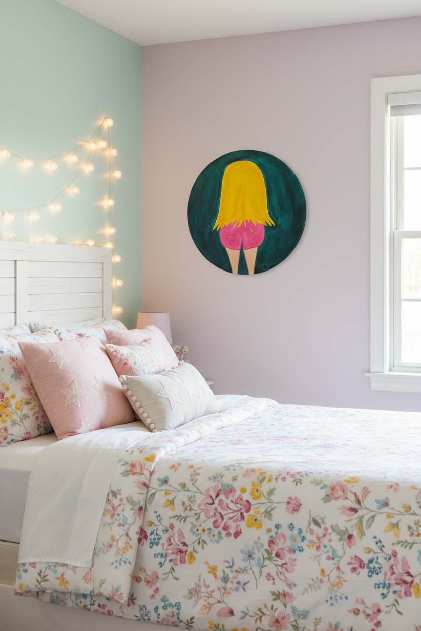Bedroom with floral bedding, colorful wall art, and string lights.